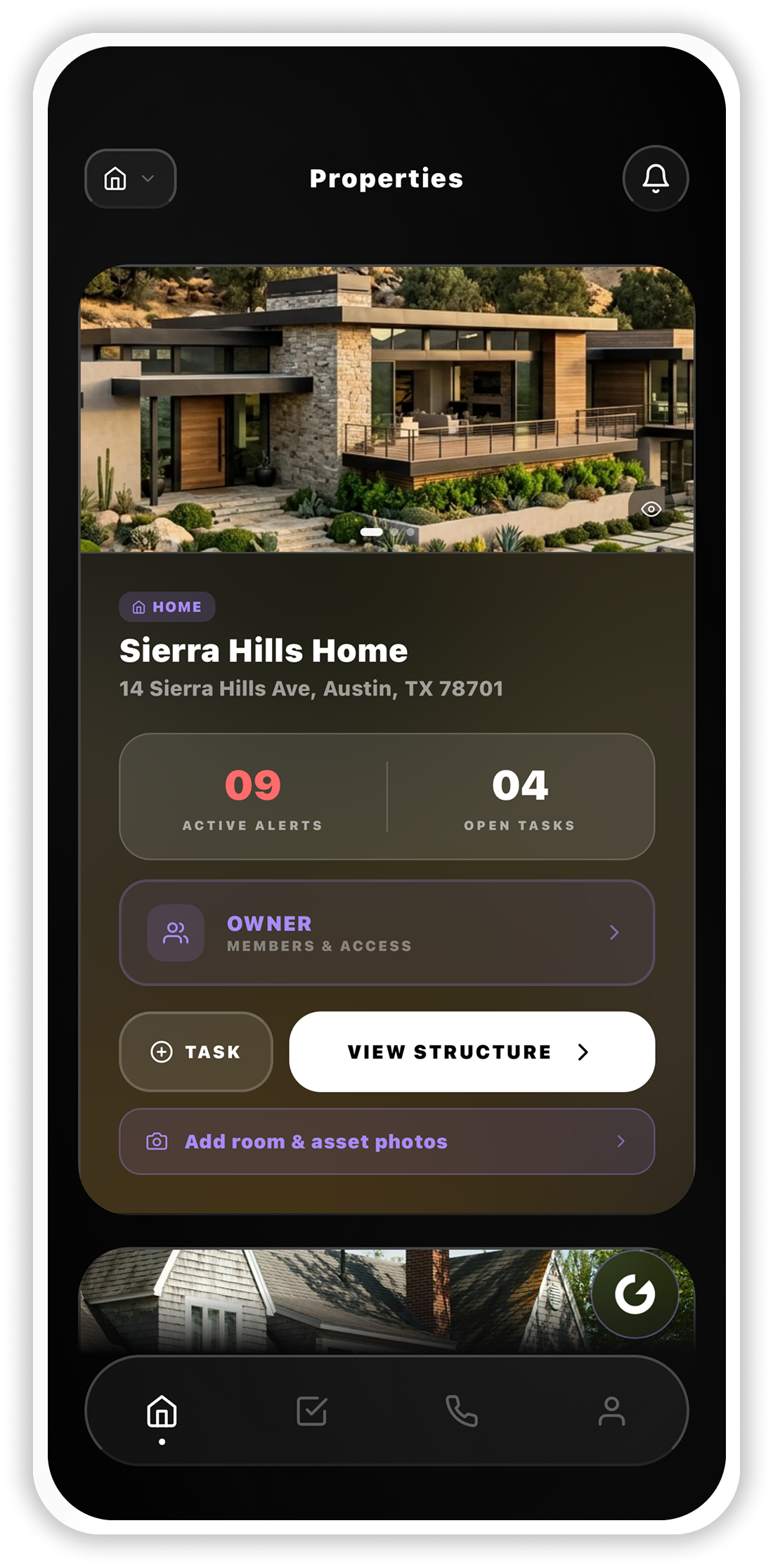 Genexi Home screen — your property overview